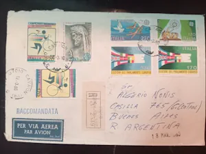 Sobre Italiano con Sellos de Ciclismo y Parlamento Europeo a Buenos Aires por Correo Aéreo