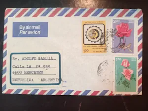 Sobre Indio con Sellos de Minería y Rosas a Mercedes, Argentina por Correo Aéreo
