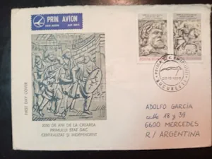 Sobre Rumano de Primer Día de Emisión con Sellos de la Creación del Primer Estado Dac a Mercedes, Argentina por Correo Aéreo