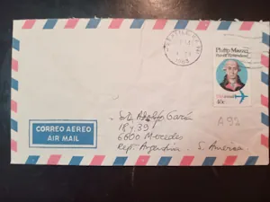 Sobre Estadounidense con Sello de Philip Mazzei a Mercedes, Argentina por Correo Aéreo