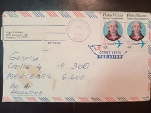Sobre Estadounidense con Sellos de Philip Mazzei a Mercedes, Argentina por Correo Aéreo