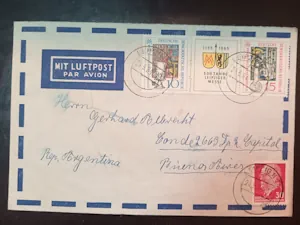 Sobre de Alemania Oriental a Buenos Aires con Sellos de Leipziger Herbstmesse y Figuras por Correo Aéreo
