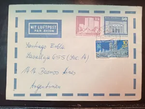 Sobre de Alemania Oriental a Buenos Aires con Sellos de Berlín y Leipziger Herbstmesse por Correo Aéreo
