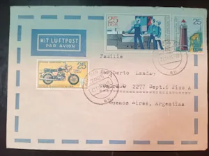 Sobre de Alemania Oriental a Buenos Aires con Sellos de Motocicleta y Faro por Correo Aéreo