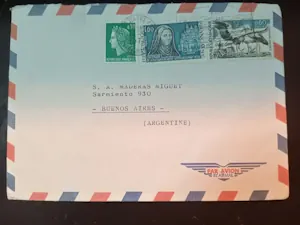 Sobre de Francia a Buenos Aires con Sellos de Figuras y Cigüeña por Correo Aéreo